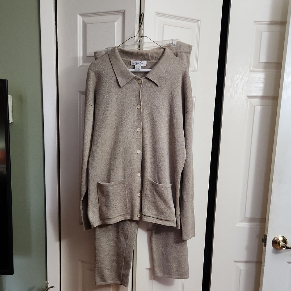 Vintage Geoffrey Beene Beige Knit Cardigan and Pants Set